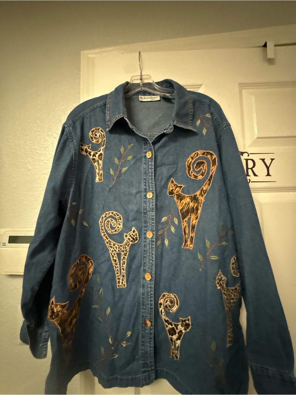 Dress Barn Women's Blue Embroidered Cat Denim Shirt Jacket
